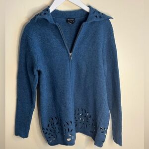 NY Based Vintage 100% Wool Women's Teal Cardigan with Cutout Details